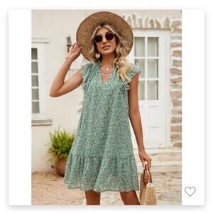 NWT- Green + Ivory Floral Mini Dress, Flutter Sleeve, Ruffle Hem, V Neck-Medium